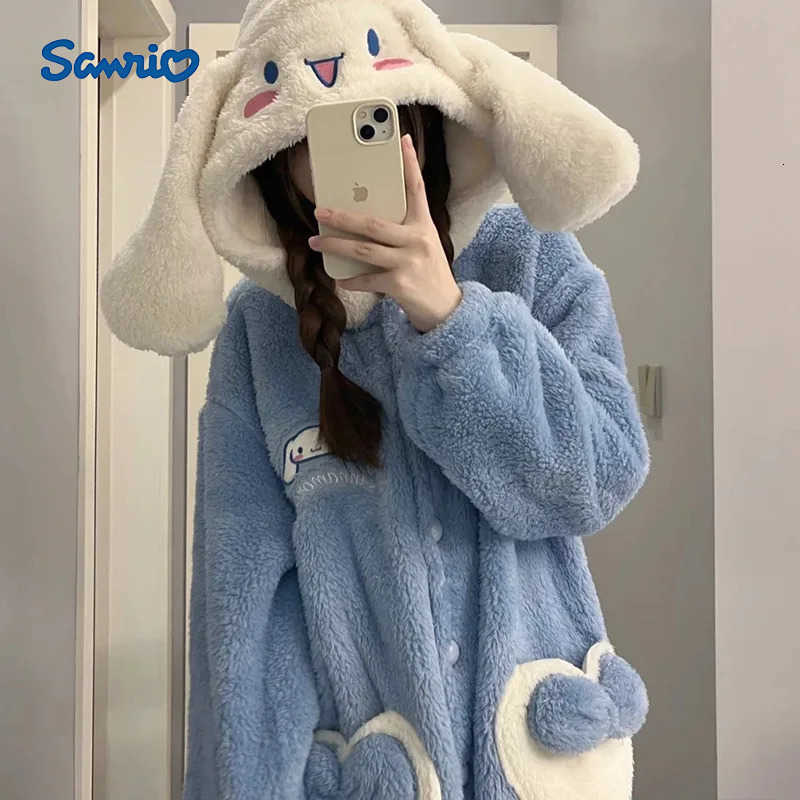 Sanrio Special Offer Anime Girl Plush Pajamas Kuromi Cinnamoroll Winter Extra Thick Coral Fleece Home Clothing Nightdress Cloth H251216-image-1088664152