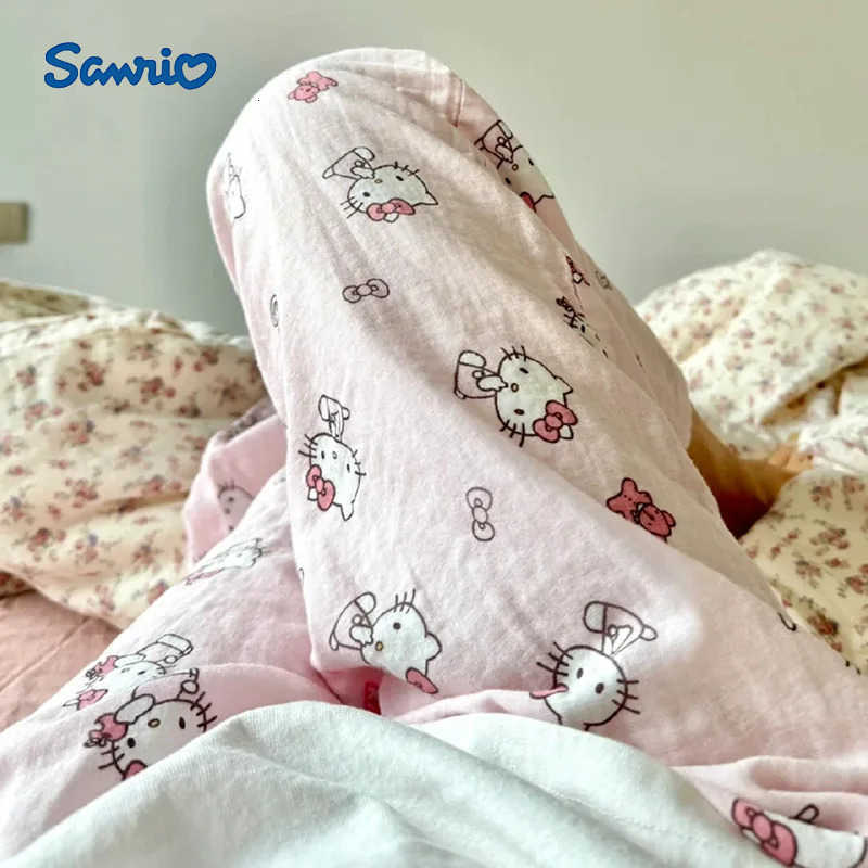 Sanrio Hello Kitty Pure Cotton Pajama Pants Wide Kawaii Kitty Shorts Girls Summer Thin High Waist Casual Trousers Girl Gifts H251216-image-1088665063