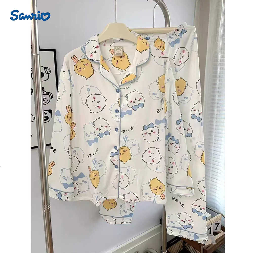 Sanrio Chiikawa 2Pcs Womans Pajama Sets Girls Pjs Anime Cute Hachiware Usagi Japan Casual Loose Long Sleeves Pant Parent-Child Pijamas H251216-image-1088667516