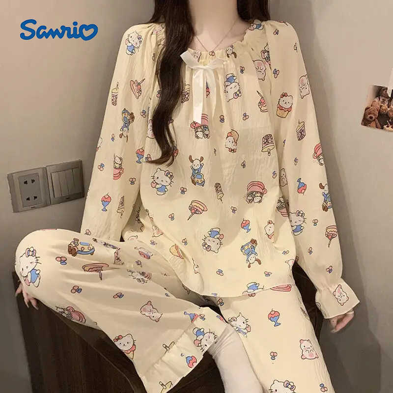 Sanrio Hello Kitty Young Girl Pajamas Kawaii Cartoon Student Autumn and Winter Long Sleeves Long Pants Cloud Cotton Homewear Set H251216-image-1088664742