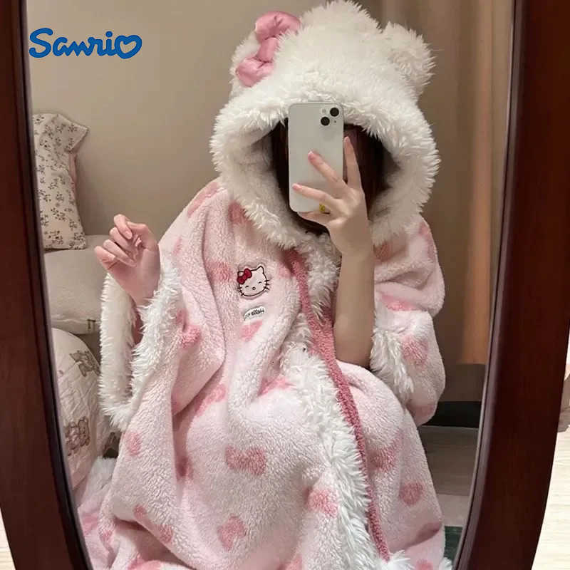 Sanrio Animation Cartoon Cute Hello Kitty Girl Soft Girl Bow Coral Velvet Hoodie Sleeping Robe 2026 New Edition With Velvet Warm Cloak H251216-image-1088664318