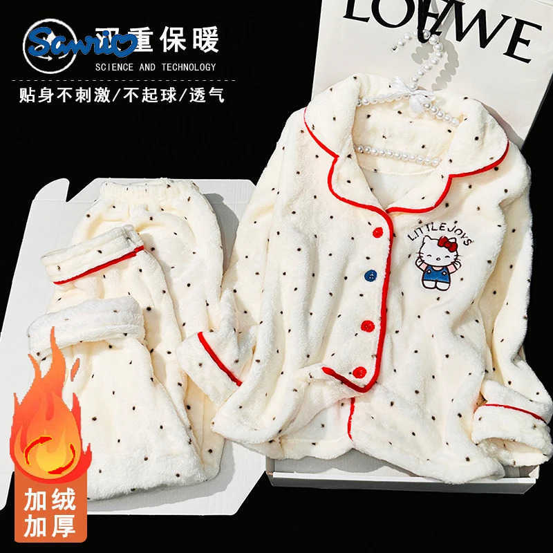 Sanrio Kawaii Anime Hello Kitty Children Velvet Pajama Thicken Embroidery Lapel Tops Pants Student Cute Flannel Parent-Child Homewear H251216-image-1088667053