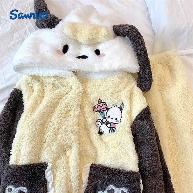 Sanrio Kawaii Pochacco Hooded Pajamas Girls Tops and Pants Autumn Winter Coral Velvet Thickened Couple Cartoon Cute Casual Home Wearset H251216-image-1088697964