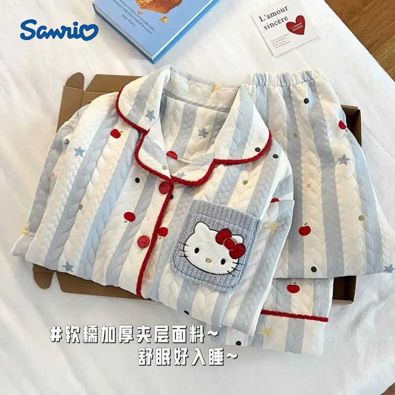 Sanrio Sanrios Hello Kittys Kids Pajamas 2Pcs New Style Cartoon Autumn Winter Thickened Warm Pajamas Long Sleeves Trousers Home Clothes H251216-image-1088709072