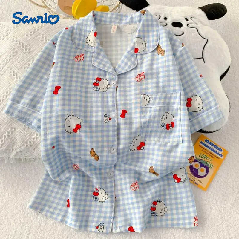 Sanrio Cartoon Hello Kitty Pajamas Set Womans Loungewear Outdoors Y2K Anime Sweet Household Clothes Student Kawaii Home Wear Girl Gift H251216-image-1088667634