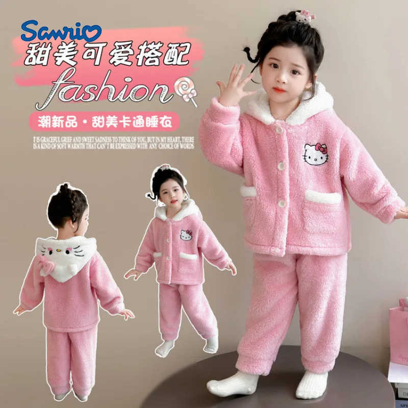 Sanrio Kawaii Hello Kitty Childrens Flannel Pajama Robe Winter Girls Warm Thicke Cartoon Hooded Princess Coral Fleece Anime Homewear H251216-image-1088697330