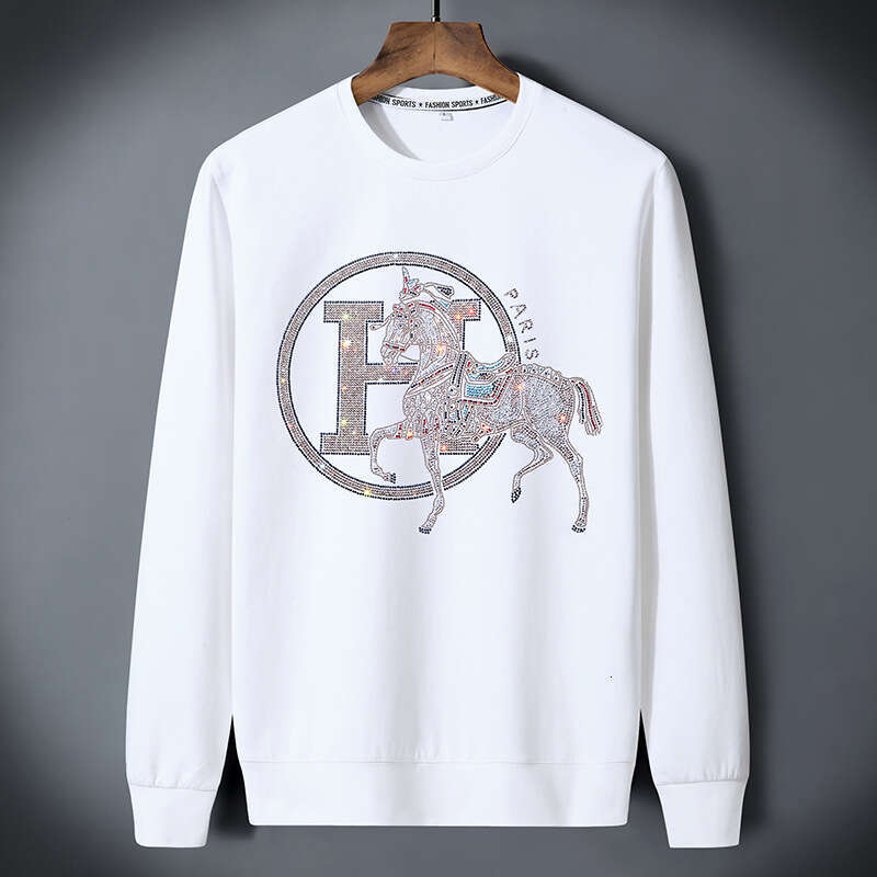European Station Light Luxury Heavy Craft Rhinestone Sweatshirt Men Spring Autumn Casual High-End Fashion Versatile Crew Neck Long Sleeve Base Shirt