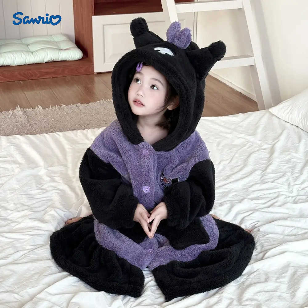 Sanrio Anime Kawaii Childrens Velvet Night-Robe Girls Cartoon Coral Fleece Hooded Thicken Warm Soft Nightgown Cute Winter Homewear H251216-image-1088666717