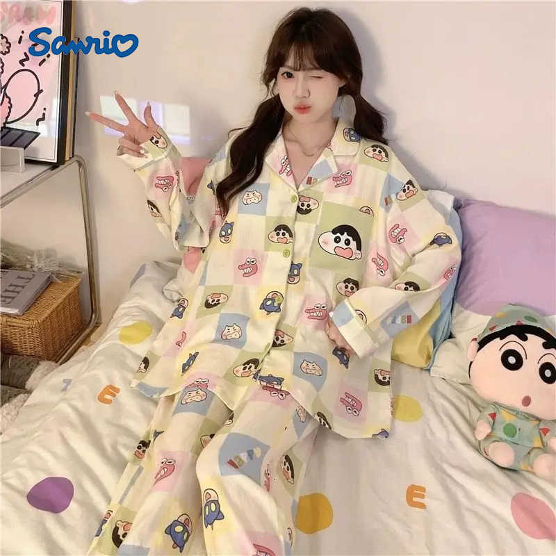 Sanrio 2Pcs Anime Crayon Shin-Chan Womens Pajamas Set Kawaii Spring Autumn Girls Long Sleeves Pants Fashion Casual Cartoon Homewear H251216-image-1088667323
