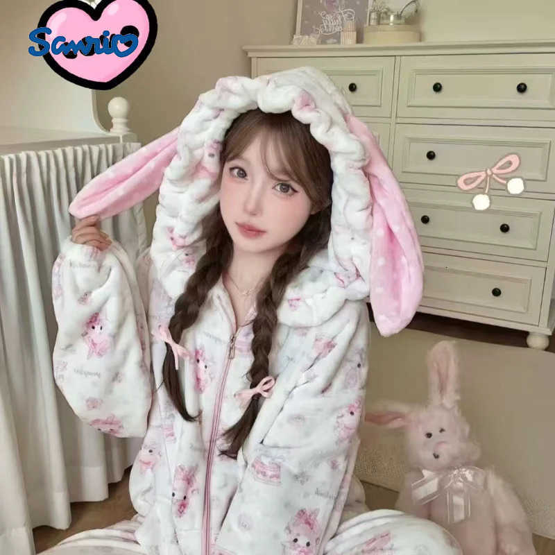 Sanrio Girl Autumn Winter Pajamas Pants Sets Flannel Homewear 2Pcs Kawaii Cartoon Womens Coral Fleece Outdoors Home Clothes Warm Suit H251216-image-1088666183