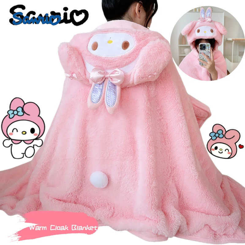Sanrio My Melody anime character cartoon cute fleece-lined warm hooded cloak kawaii girlish cape shawl blanket bathrobe holiday gift H251216-image-1088666443