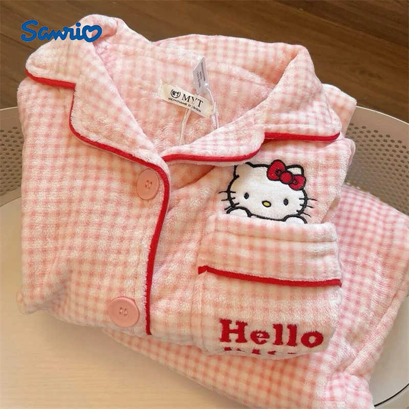 Sanrio Womens Hello Kitty Pajama Set Flannel Cute Cartoon Pajamas Warm Plush Pajamas Fluffy Comfortable Home Clothes Two Piece Set H251216-image-1088667650