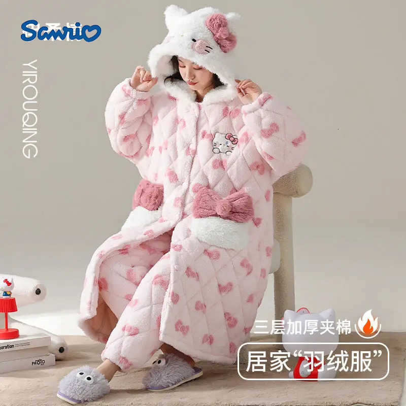 Sanrio Pajamas Women Autumn Winter Three-Layer Quilted Coral Velvet Hello Kittys Nightgown Plus Velvet Thickened Warm Home Wear H251216-image-1088665834