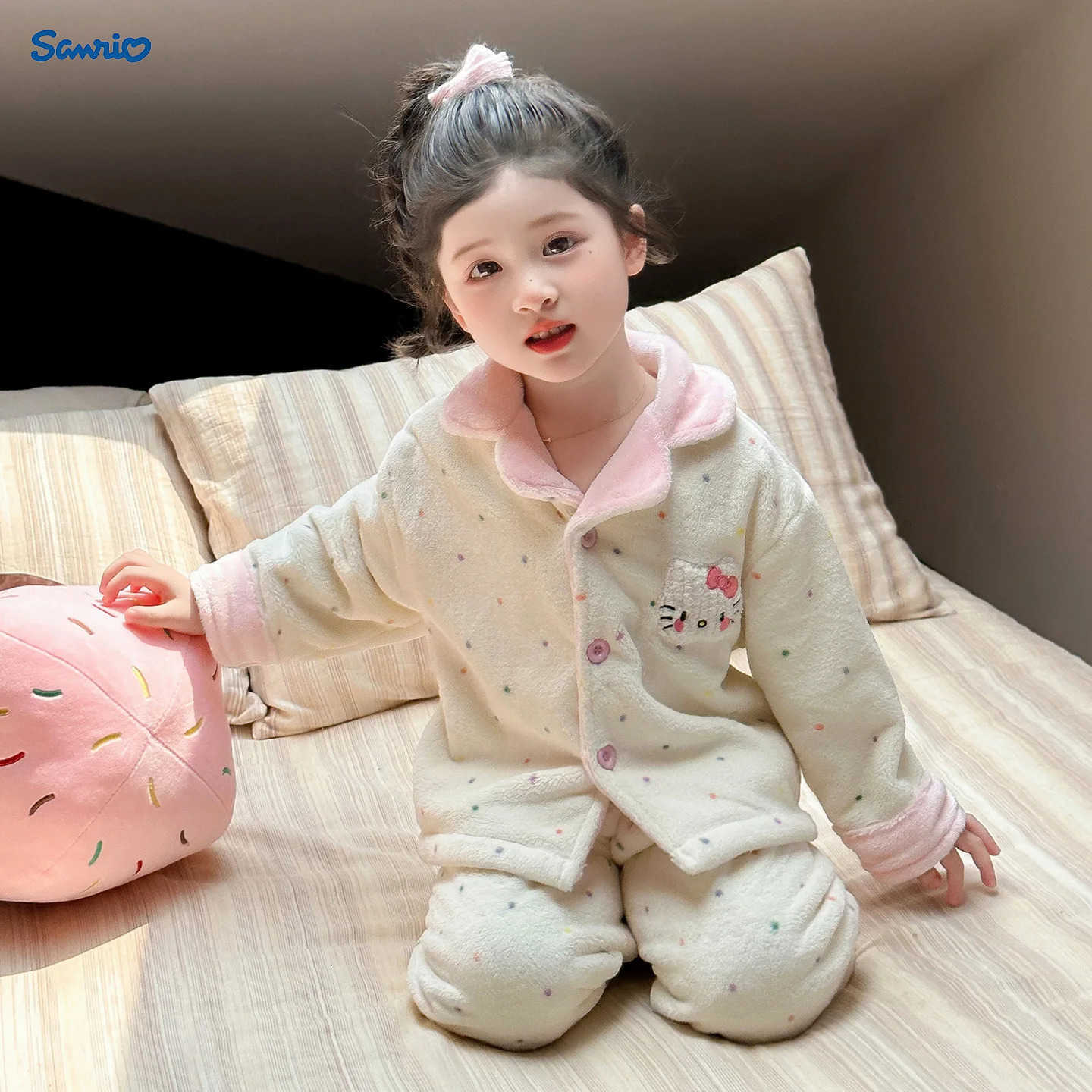 Sanrio Winter Kawaii Hello Kitty Childrens Flannel Pajama Set Girls Warm Thicke Cartoon Hooded Princess Coral Fleece Anime Homewear H251216-image-1088697308
