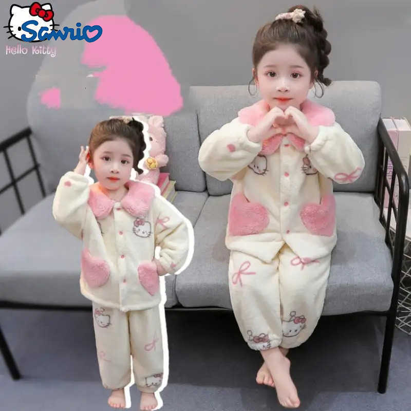 Sanrio Children Hello Kitty Warm Pajama Set Cartoon Kawaii Girl Autumn and Winter New Anime Childrens Lapel Thickened Home Suit H251216-image-1088697505