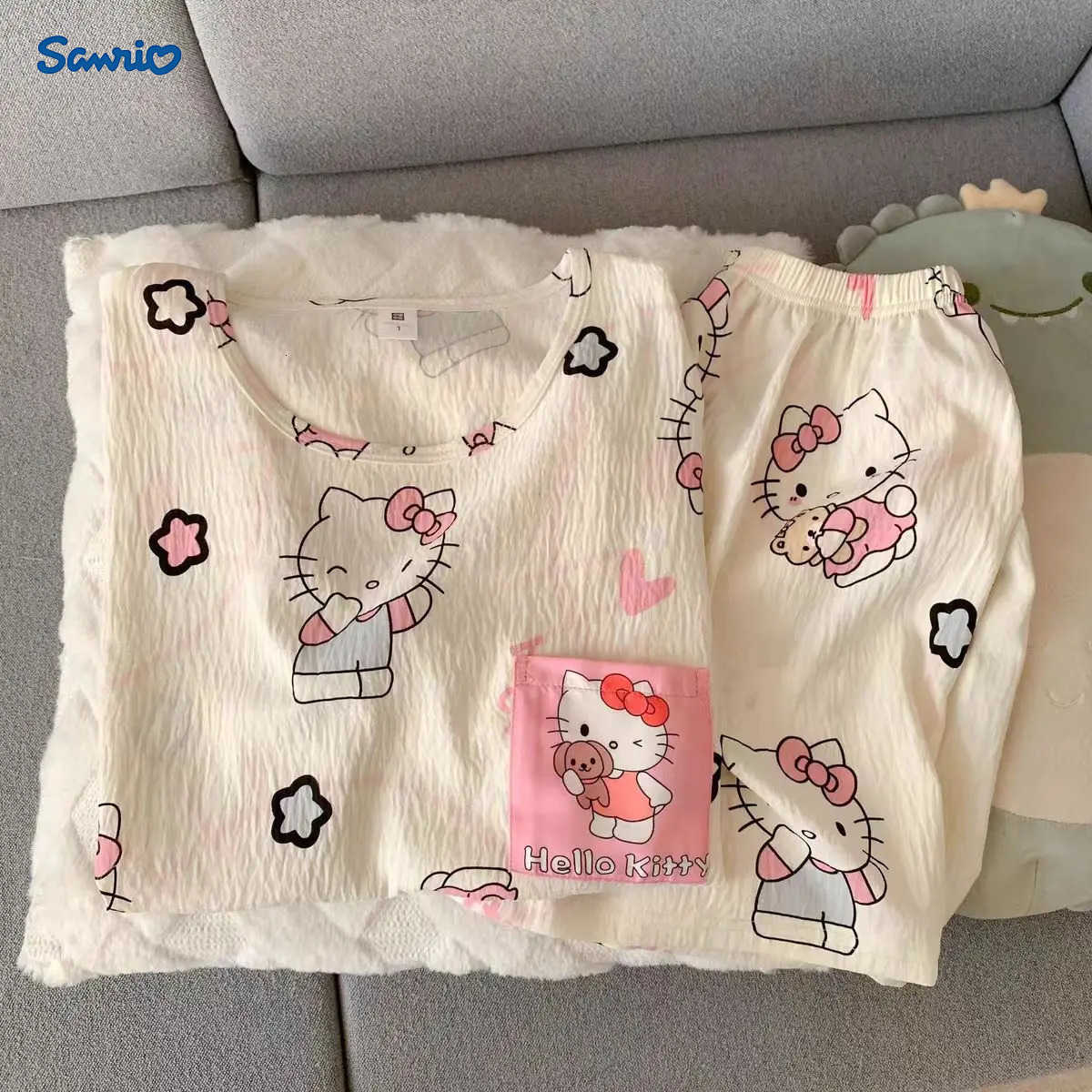 Sanrio Girl Pajamas 2Pcs Kawaii Children Sets Hello Kitty Night Clothes Cartoon Anime Summer Loungewear Suit Sweet Nightgown New H251216-image-1088664894