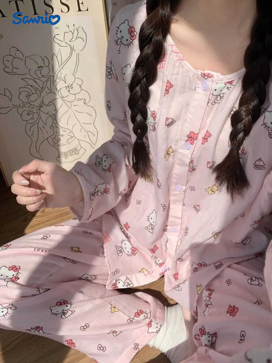 Sanrio 2pcs/Set Hello Kitty Pajamas Anime Printed Women Pants Sleepwear Set Kawaii Cartoon Soft Comfortable Casual Loungewear H251216-image-1088665486
