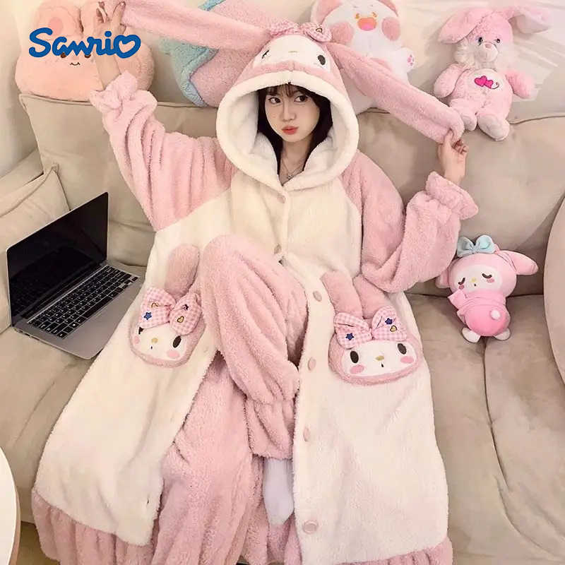 Sanrio Cute Sanrios My Melody Coral Fleece Nightgown Long Thicken Velvet Womens Pajamas Warm Winter Home Wear Comfortable Homewear Set H251216-image-1088665591