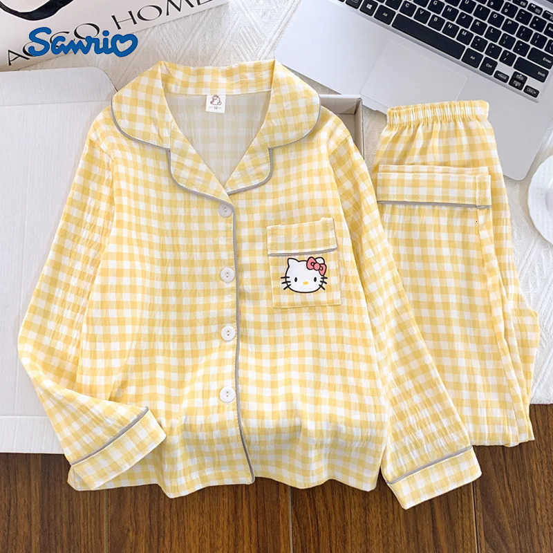 Sanrio Anime Hello Kitty Children Pajamas Set Kawaii Girls Pjs Princess Lapel Yellow Grid Cardigan Pants Parent-Child Cute Home Clothes H251216-image-1088667351