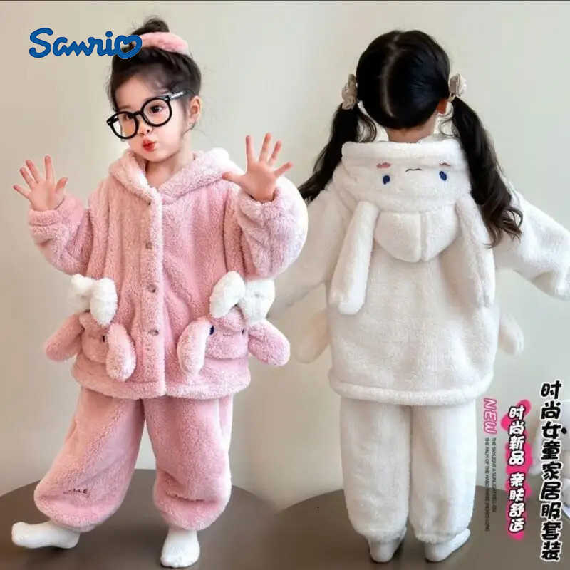 Sanrio 2025 Long Sleeve Pajama Loungewear Set Childrens winter boys girls Comfortable Sleepwear cartoon bunny hooded plush Soft PJ Set H251216-image-1088697069
