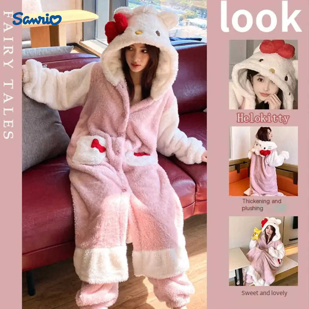 Sanrio Kawaii Hello Kittys Coral Fleece Pajamas Cute Night-Robe Suit Sanrioed Anime Kuromi Plush Homewear Winter Thickened Nightgown H251216-image-1088666635