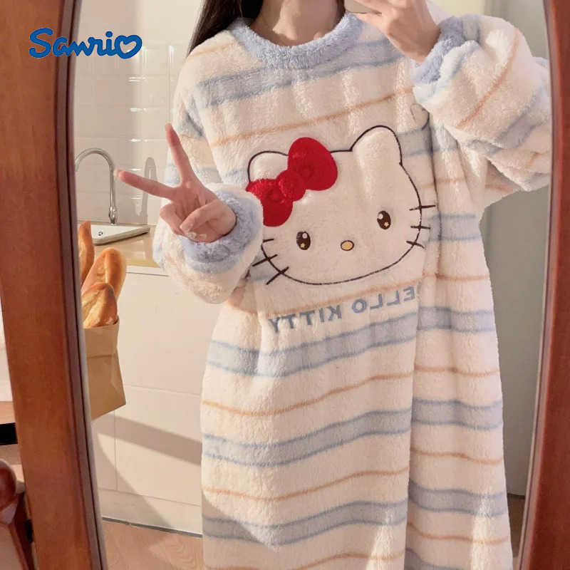 Sanrio New Cartoon Kawaii Hello Kitty Coral Fleece Nightgown Thickened Girl Winter Long Sleeve Striped Flannel Loungewear Cut Gift H251216-image-1088663679