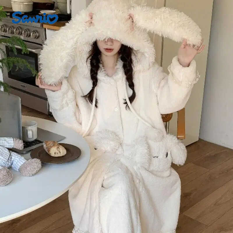Sanrio Pajamas Set Robe Womens Thickened Fluffy Rabbit Cartoon Hooded Comfortable Home Clothes Cute Sleepwear Thermal Autumn Winter H251216-image-1088665871