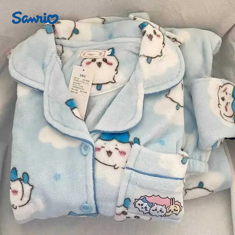 Sanrio Cartoon Hachiware Pajamas Girls Winter Plus Velvet Thickened Warm Usagi Cute Pajamas Set Hello Kitty Home Clothes 2Pcs H251216-image-1088667661