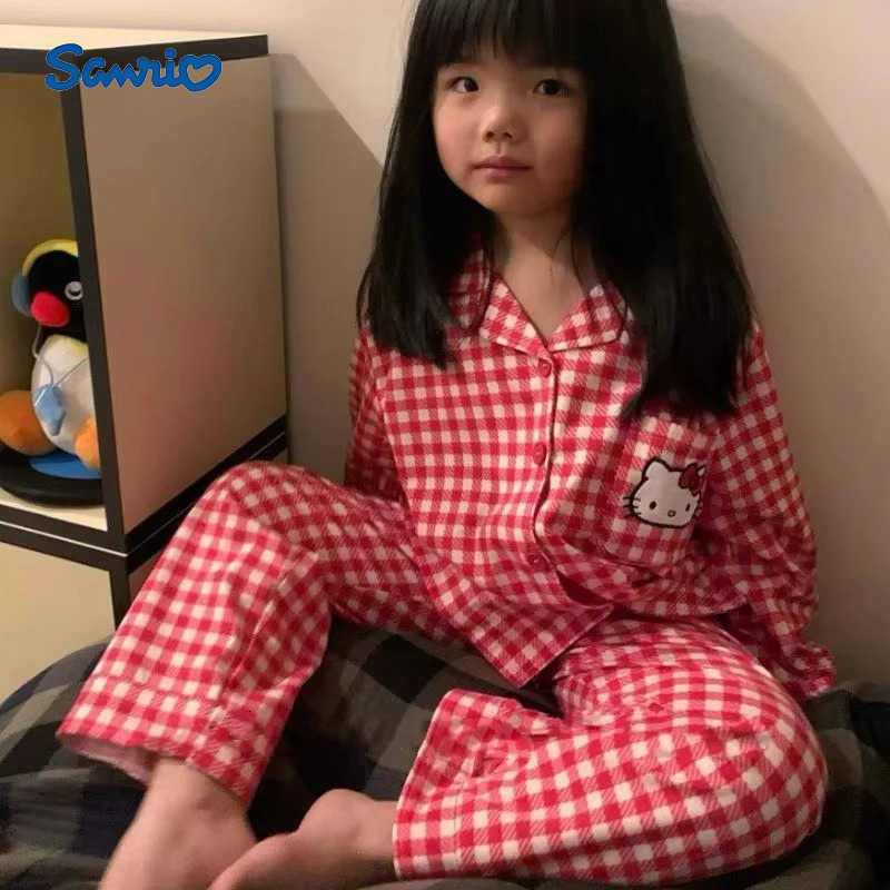 Sanrio 2Pcs Hello Kitty Children Pajamas Cute New Style Red Plaid Cardigan Pants Cartoon Fall Simple Girl Trousers Home Clothes H251216-image-1088667035