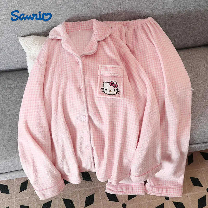 Sanrio New Chikawa Flannel Thickened Winter Usagi Long Sleeved Pajama Pants Set for Women Plus Velvet Cute Blue Hachiware Home Clothes H251216-image-1088667230