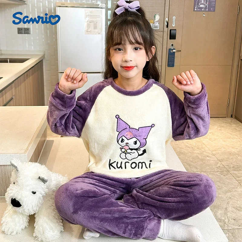 Sanrio Kawaii Anime Kuromi Childrens Sleepwear Melody Cinnamoroll Girls Warm Sleepwear Kids Homewear Winter Flannel Pajamas Set H251216-image-1088663746