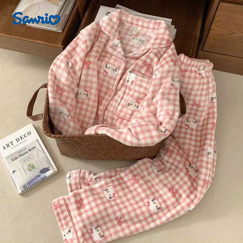 Sanrio Hello Kitty Girl Winter Pajamas Pants Sets Flannel Homewear 2Pcs Kawaii Anime Womens Coral Fleece Home Clothes Warm Suit H251216-image-1088666990