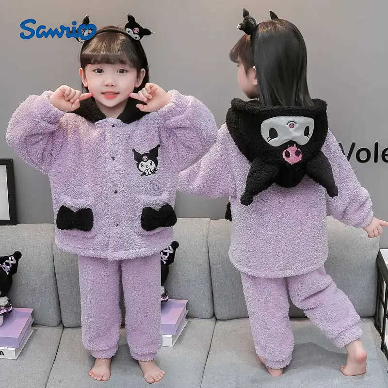 Sanrio Kuromi Girl Pajamas Suit Autumn Winter Coral Fleece Anime Figure Flannel Cartoon Child Kawaii Cartoon Lounge Clothes H251216-image-1088697136