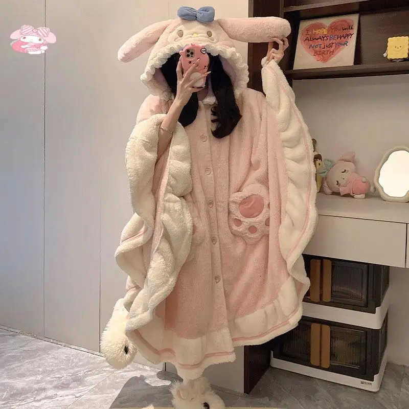 Sanrio Anime My Melody Flannel Hooded Nightwear Autumn Winter Women Pajamas Warm Cartoon Homewear Comfort Girl Cute Nightgown Gift H2512161-image-1088713875