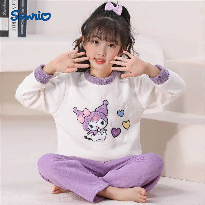 Sanrio Kuromi Girls Cartoon Pajamas Sets My Melody Kids Kawaii Leisure Wear Soft Cotton Interlayer Autumn Winter Home Clothes H251216-image-1088663990