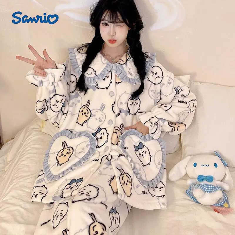 Sanrio Cute Usagi Cartoon Pajamas Women Winter Coral Fleece Homewear Thickened Doll Collar Long Sleeves Princess Warm Lounge Clothes H251216-image-1088666197