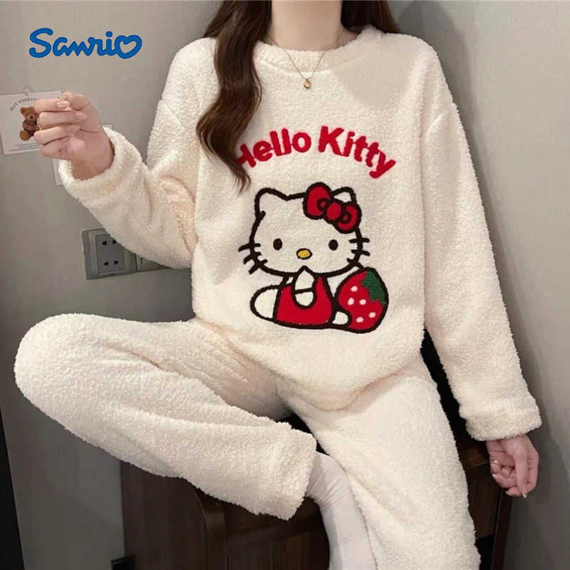 Sanrio 2Pcs Hello Kitty Plush Pajamas Set Womens Casual Home Clothes Kawaii Cartoon Pajama Comfortable Cute Girl Flannel Nightshirt H251216-image-1088665134
