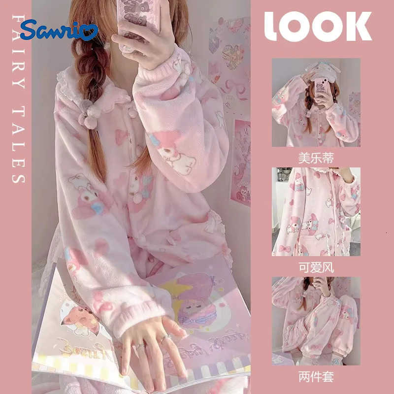 Sanrio My Melody Coral Velvet Pajamas Sets Kawaii Girls Tops Pants Plus Velvet Thickened Autumn Winter Warm Casual Home Clothing H251216-image-1088666326
