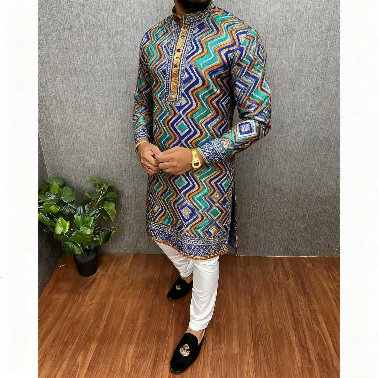 Men Islamic Arabic Abaya Robe Ethnic Print Stand Collar Youth Mid-length Shirt Luxury Coat Moslim Kleding Vestiti Musulmani Uomo W251216-image-1088622801