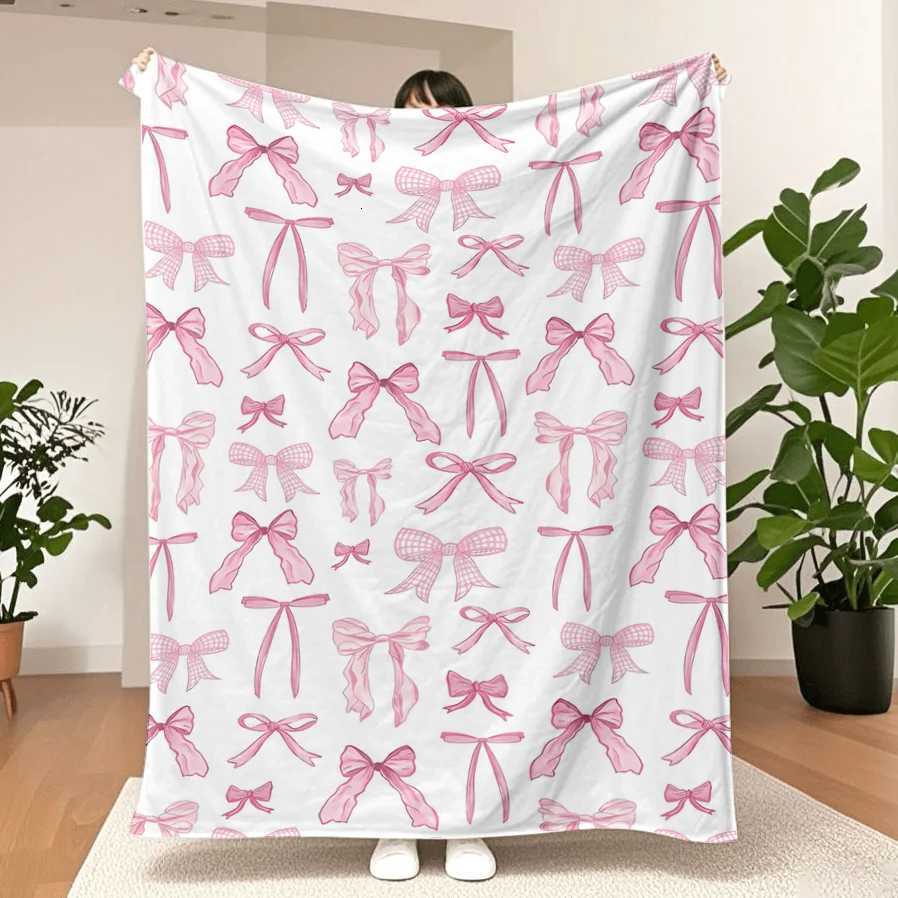 Pink Bow Fuzzy Blanket Cute Bowknot Throw Blanket Bowtie Cozy Flannel Blanket for Valentines Day Home Bed Sofa Couch Chair H251216-image-1088601866