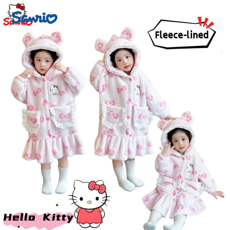 Sanrio New Hello Kitty anime cartoon character cute girl fleece pajamas creative kawaii girly thick warm homewear bathrobe sleep dress H251216-image-1088665786