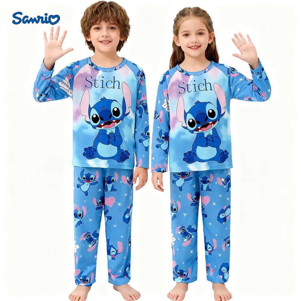 Sanrio Kids Unisex Stitch Cartoon Print Long - Sleeve Pajamas Set Soft Cozy Sleepwear Girls Pyjamas Boys Pijamas Loungewear H251216-image-1088698412
