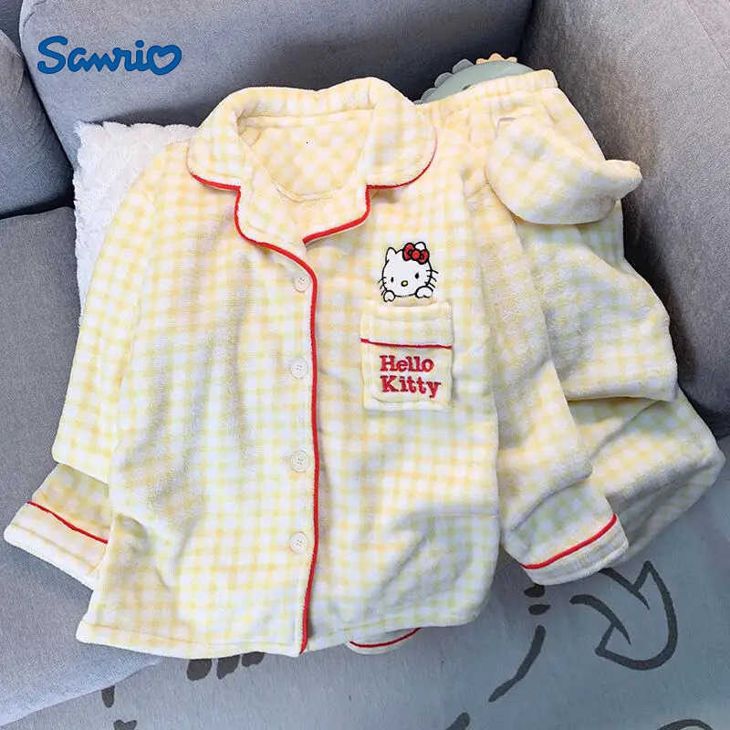 Sanrio Hello Kitty Student Korean Cartoon Pajamas Womens Autumn and Winter New Collection Kawaii Anime Thick Warm Home Clothes Set H251216-image-1088666913