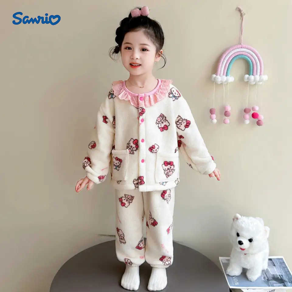 Sanrio Girls Cartoon Home Clothes Winter 2025Hello Kitty New Baby Thickened Warm Suit Kids Casual Pajamas Childrens Clothing H251216-image-1088702633