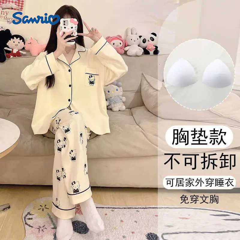 Sanrio Kawaii Sanrios Hellokitty Cute Pajamas Girl Cardigan Cartoon with Chest Pad Couple Nightgown Sleeping Loose Casual Home Wear Set H251216-image-1088664778