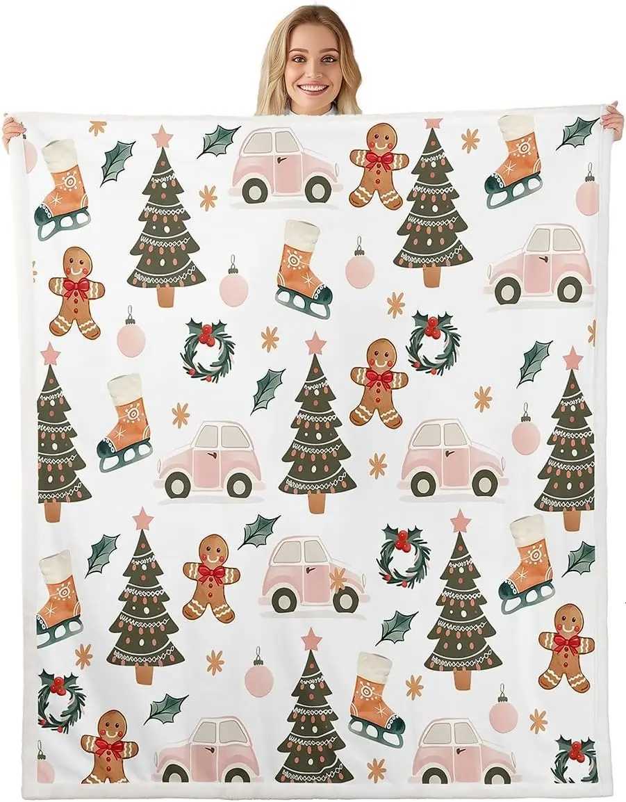 Xmas Tree Car Sherpa Throw Blanket for Couch Gingerbread Man Super Soft Cozy Fleece Garland Blanket for Winter Plush Throw H251216-image-1088601899