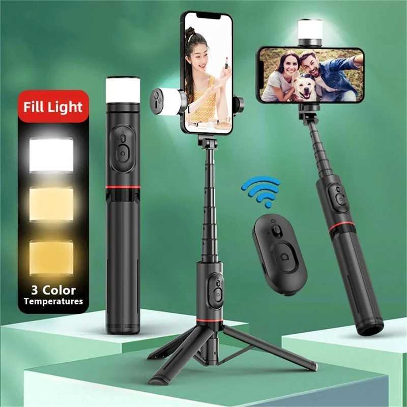 Q12S Foldable Wireless Selfie Stick bluetooth Monopod with Remote Shutter Fill Light Tripod for iPhone Android 2024 NEW G251216-image-1088571612