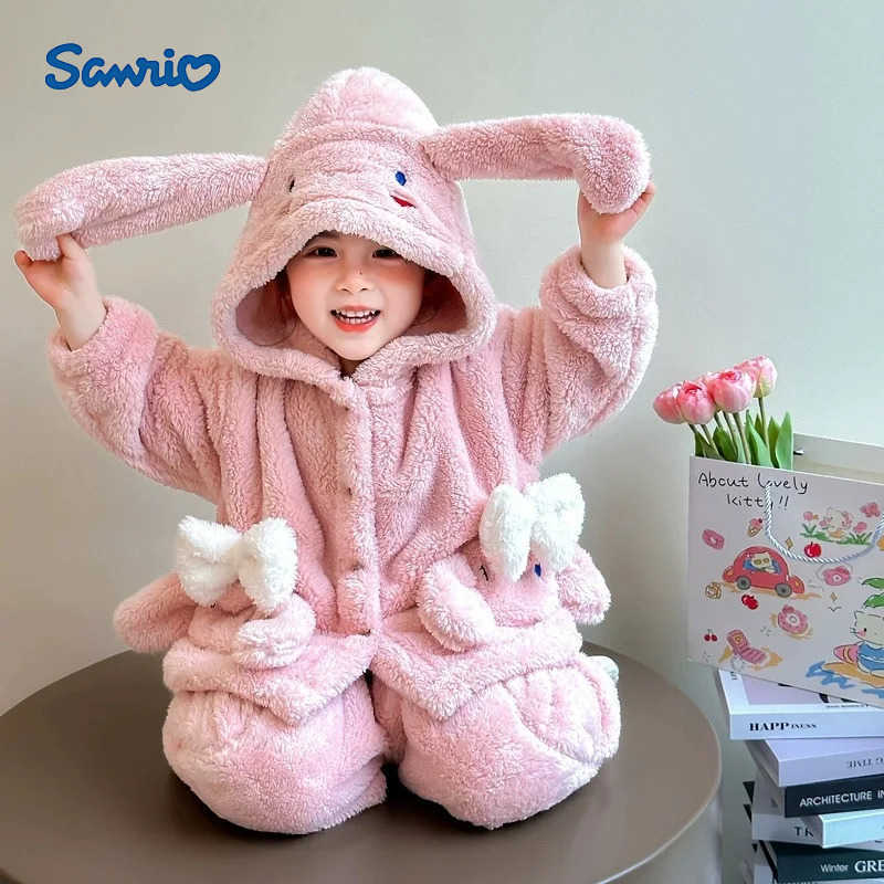 Sanrio Autumn Pink Plush Rabbit Ear Sleepwear 2PCS Baby Girls Pajamas Hooded Clothing TopPants Set Fleece Long Sleeve Flannel Pajamas H251216-image-1088697146