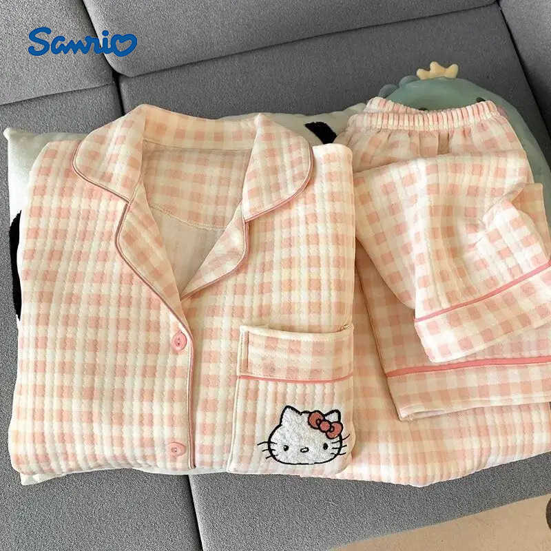 Sanrio Sanrios Womens Hello Kittys Pajamas Autumn and Winter Girls Warm Plaid Sleepwear Thickened Cute Sweet Student Loungewear Set H251216-image-1088667365