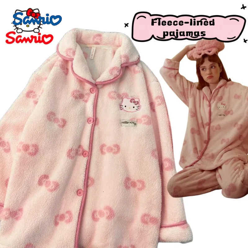 Sanrio Hello Kitty cartoon cute thickened fleece warm homewear creative kawaii girls long-sleeve pajamas suitable for wearing outside H251216-image-1088665942